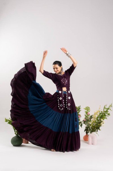 Functional Wine Navratri Lehenga Choli with 12 Meter Flair and Real Mirror Work Navratri Lehnega Choli