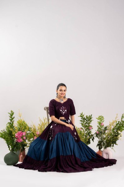 Functional Wine Navratri Lehenga Choli with 12 Meter Flair and Real Mirror Work Navratri Lehnega Choli