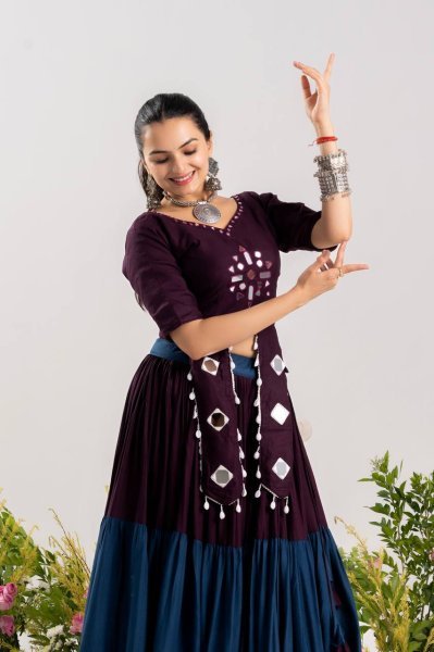 Functional Wine Navratri Lehenga Choli with 12 Meter Flair and Real Mirror Work Navratri Lehnega Choli