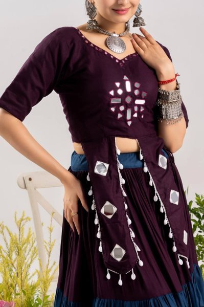 Functional Wine Navratri Lehenga Choli with 12 Meter Flair and Real Mirror Work Navratri Lehnega Choli