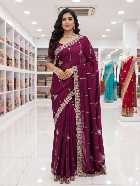 Functional Wine Rangoli Silk Saree with Tone to Tone Embroidered Blouse for Weddings Sarees 