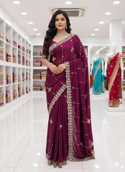 Functional Wine Rangoli Silk Saree with Tone to Tone Embroidered Blouse for Weddings Silk Sarees Wholesale