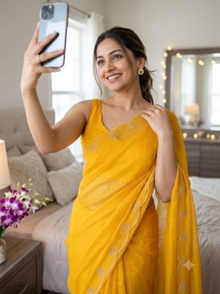 Functional Yellow Designer Soft Silk Saree with Diamond Work and Arch Detailing 