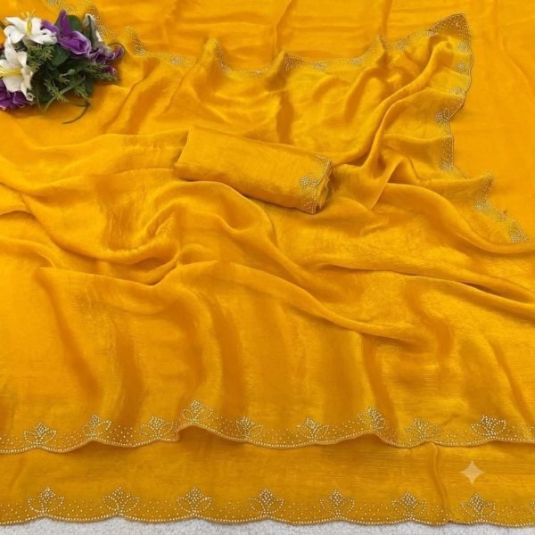 Functional Yellow Designer Soft Silk Saree with Diamond Work and Arch Detailing Silk Sarees Wholesale