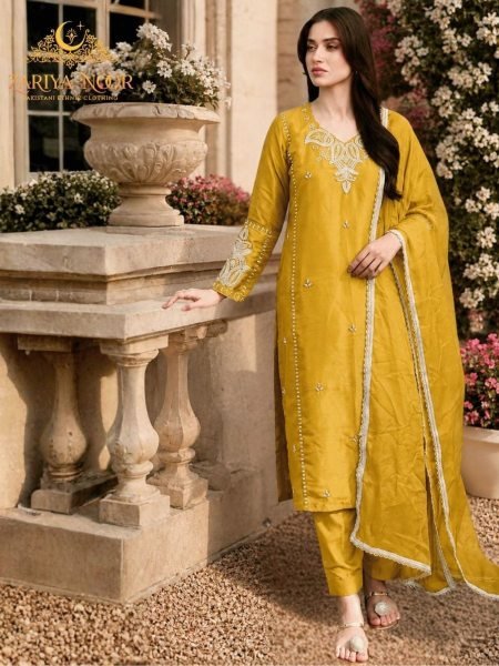 Functional Yellow Elegant Beads Embroidered Suit for Eid and Wedding Wear Salwar Kameez