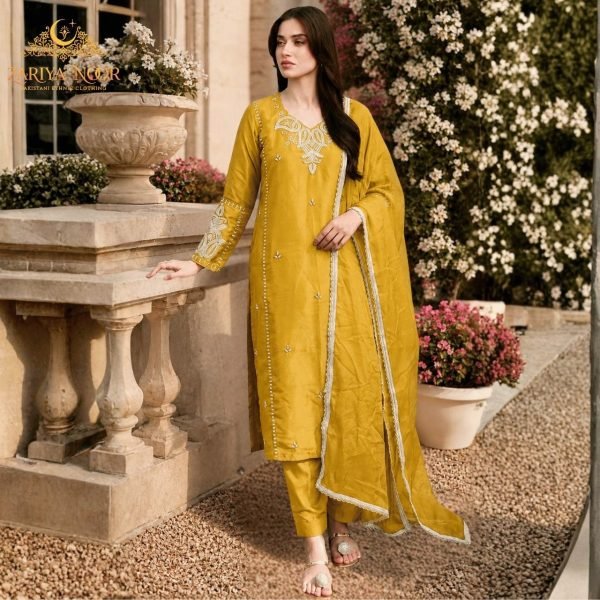 Functional Yellow Elegant Beads Embroidered Suit for Eid and Wedding Wear Pakistani Suits Wholesale