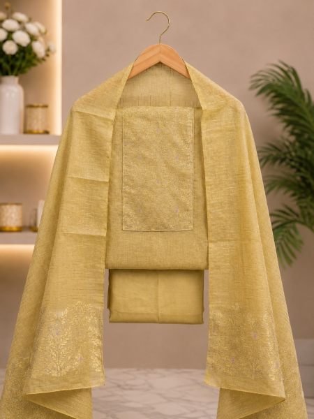 Functional Yellow Jacquard Suit Material with South Silk Weaving and Santoon Fabric Dress Material 