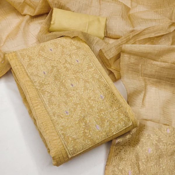 Functional Yellow Jacquard Suit Material with South Silk Weaving and Santoon Fabric Color Set Matching Dress Material Wholesale