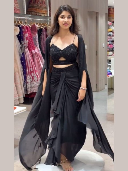 Indo-Western Look for Women  Elegant Black Dhoti Style Suit with Cape Shrug 