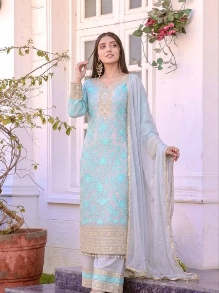 Futuristic Aqua Blue Faux Georgette Palazzo Suit with Heavy Embroidery Work for Women 