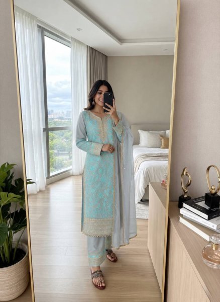 Futuristic Aqua Blue Faux Georgette Palazzo Suit with Heavy Embroidery Work for Women Ready To Wear Collection