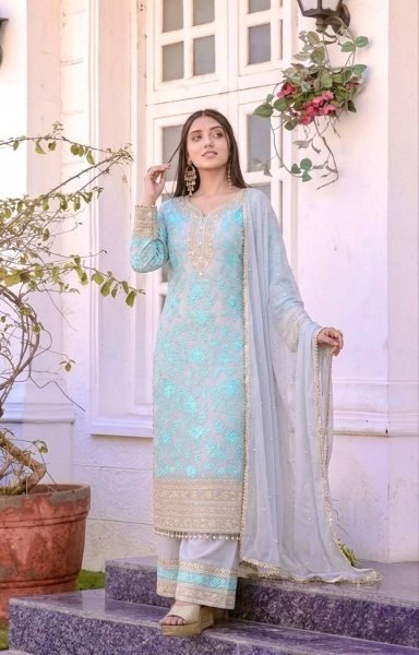 Futuristic Aqua Blue Faux Georgette Palazzo Suit with Heavy Embroidery Work for Women Ready To Wear Collection