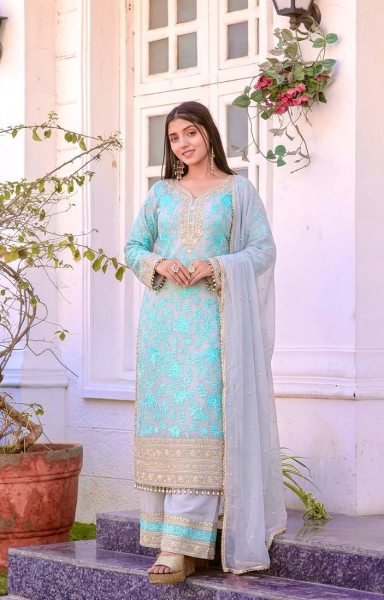 Futuristic Aqua Blue Faux Georgette Palazzo Suit with Heavy Embroidery Work for Women Ready To Wear Collection