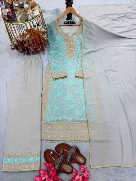 Futuristic Aqua Blue Faux Georgette Palazzo Suit with Heavy Embroidery Work for Women Ready To Wear Collection