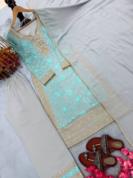 Futuristic Aqua Blue Faux Georgette Palazzo Suit with Heavy Embroidery Work for Women Ready To Wear Collection