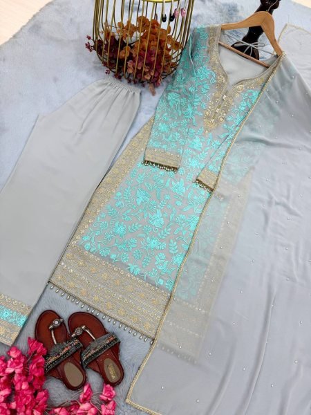 Futuristic Aqua Blue Faux Georgette Palazzo Suit with Heavy Embroidery Work for Women Ready To Wear Collection