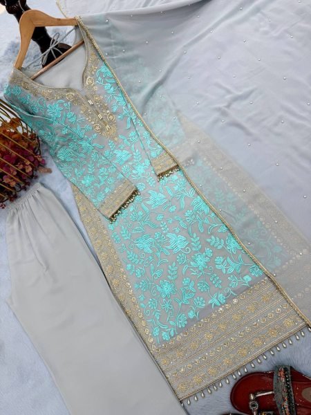 Futuristic Aqua Blue Faux Georgette Palazzo Suit with Heavy Embroidery Work for Women Ready To Wear Collection