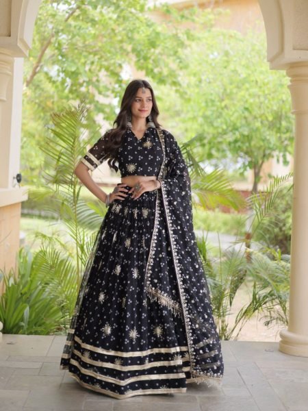 Futuristic Black Bandhej Print Faux Georgette Lehenga Choli Set with Zari Embroidery 