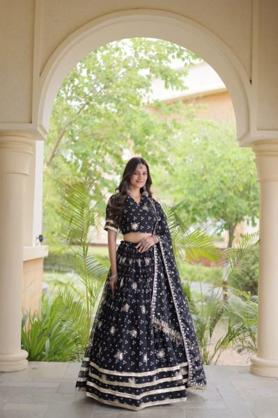 Futuristic Black Bandhej Print Faux Georgette Lehenga Choli Set with Zari Embroidery Navratri Lehnega Choli