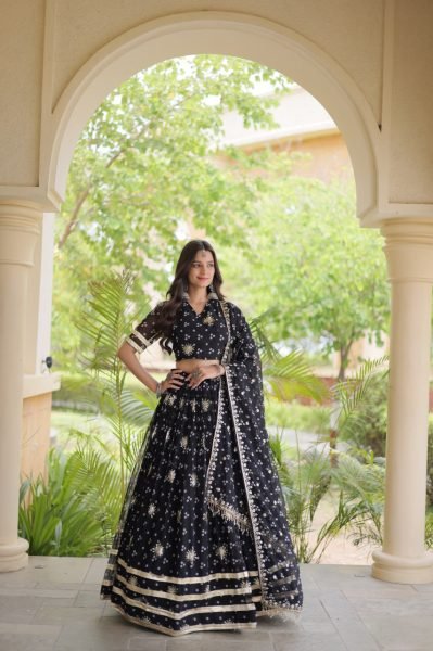 Futuristic Black Bandhej Print Faux Georgette Lehenga Choli Set with Zari Embroidery Navratri Lehnega Choli