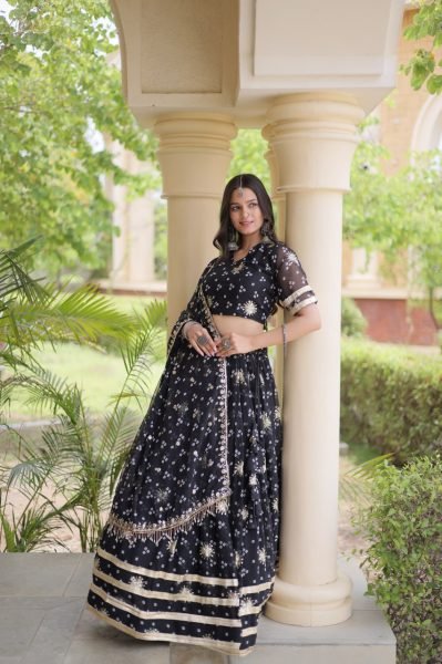 Futuristic Black Bandhej Print Faux Georgette Lehenga Choli Set with Zari Embroidery Navratri Lehnega Choli