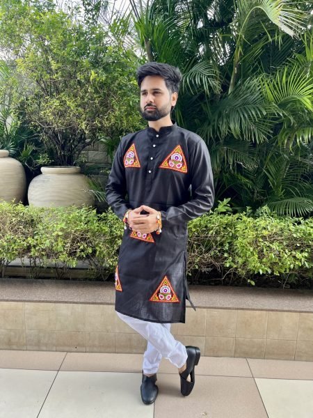 Futuristic Black Designer Cotton Kurta with Stylish Kutchi Patch and Lace Work For Garba Night Kurta Pajama Wholesale