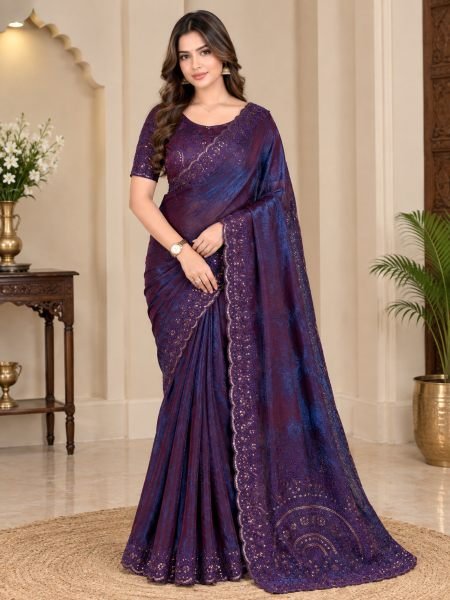 Futuristic Blue Dual Tone Fandy Satin Party Wear Saree with Sequin Work at Wholesale Rate 