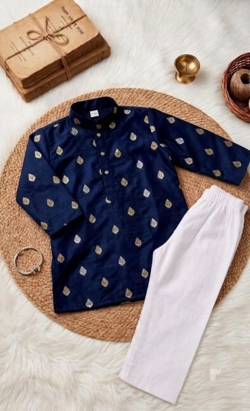 Futuristic Blue Kids Boys Ethnic Wear Kurta with Drawstring Pant at Wholesale Boys Wear