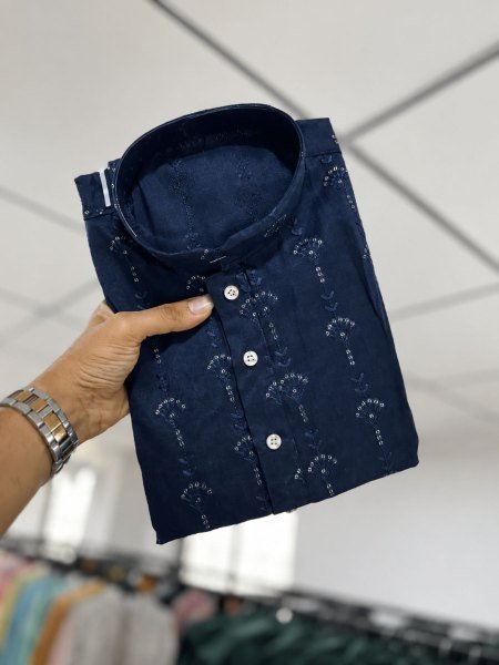Futuristic Blue Stylish Embroidered Kurta with Churidar Pajama for Traditional Wear Mens Wear