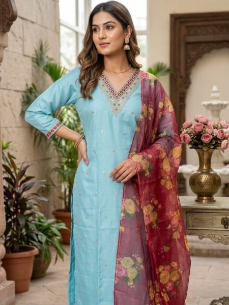 Futuristic Cotton Silk Kurti Pant Set with Organza Dupatta for Women Kurtis