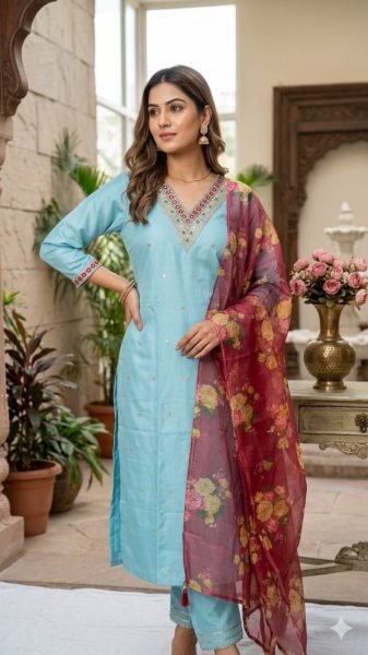Futuristic Cotton Silk Kurti Pant Set with Organza Dupatta for Women Embroidery Kurtis 