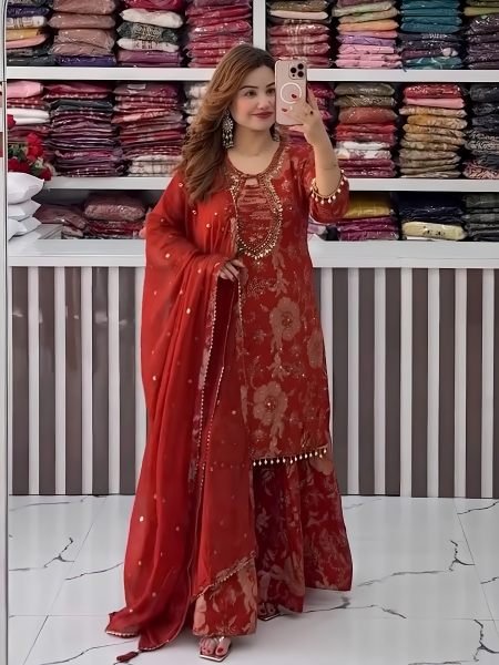 Futuristic Faux Georgette Heavy Embroidered Kurti Palazzo Set with Real Mirror Work 