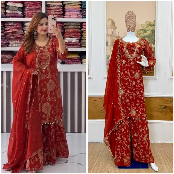 Futuristic Faux Georgette Heavy Embroidered Kurti Palazzo Set with Real Mirror Work Ready To Wear Collection
