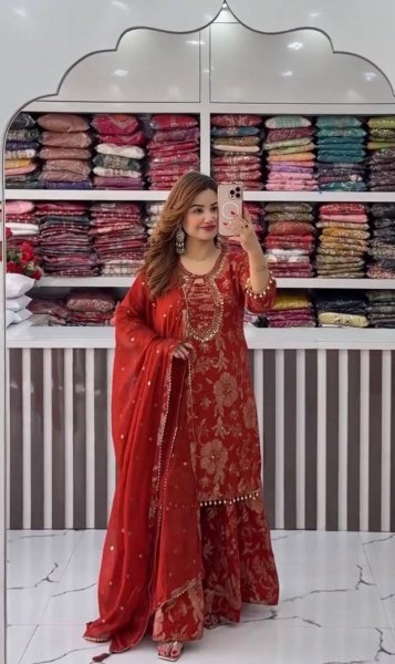 Futuristic Faux Georgette Heavy Embroidered Kurti Palazzo Set with Real Mirror Work Ready To Wear Collection
