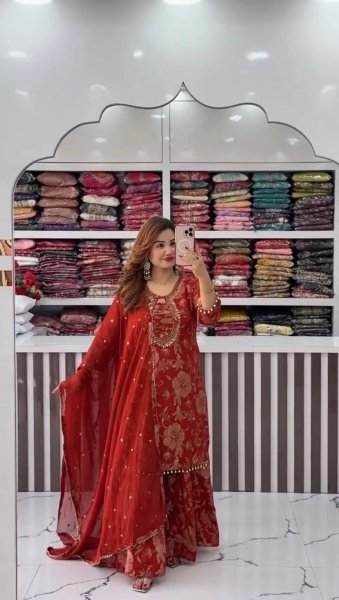 Futuristic Faux Georgette Heavy Embroidered Kurti Palazzo Set with Real Mirror Work Ready To Wear Collection