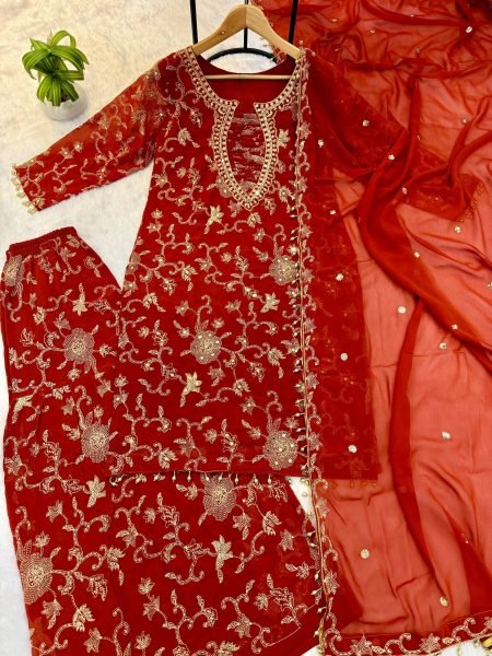 Futuristic Faux Georgette Heavy Embroidered Kurti Palazzo Set with Real Mirror Work Ready To Wear Collection