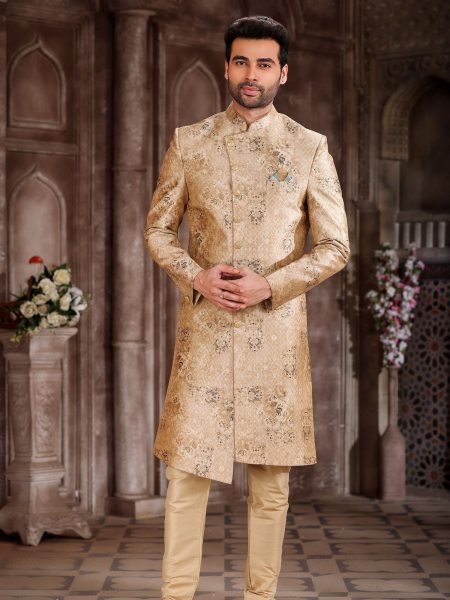 Futuristic Golden Mens Sherwani for Wedding and Celebration Wear Mens Wear