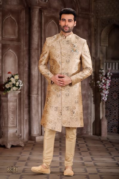 Futuristic Golden Mens Sherwani for Wedding and Celebration Wear Kurta Pajama Wholesale