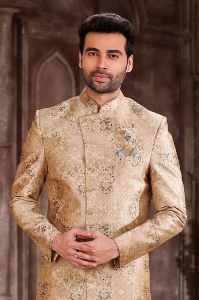 Futuristic Golden Mens Sherwani for Wedding and Celebration Wear Kurta Pajama Wholesale