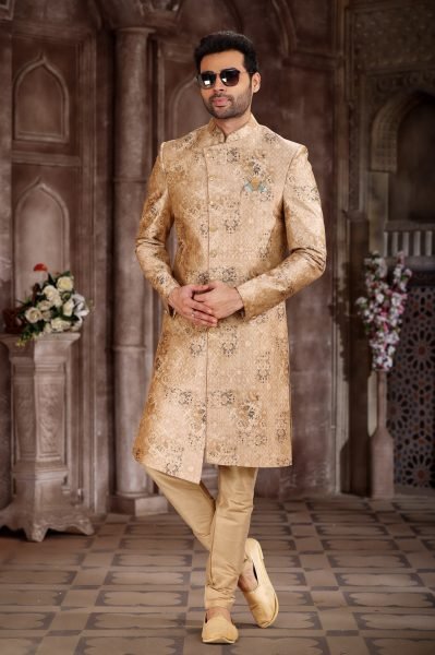 Futuristic Golden Mens Sherwani for Wedding and Celebration Wear Kurta Pajama Wholesale