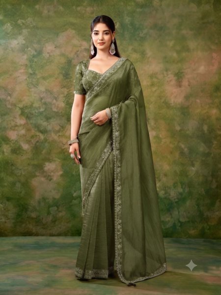 Futuristic Green Royal Queen Tissue Organza Designer Saree with Fancy Work at Wholesale Rate Sarees 
