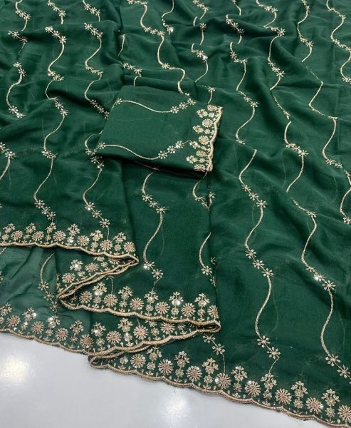 Futuristic Green Star Georgette Saree with All Over Sequins Embroidery Work Embroidery Sarees Wholesale