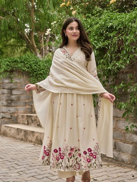Futuristic Ivory Floral Embroidered Panelled Anarkali Suit with Chanderi Silk Dupatta Kurtis