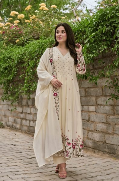 Futuristic Ivory Floral Embroidered Panelled Anarkali Suit with Chanderi Silk Dupatta Anarkali Kurtis 