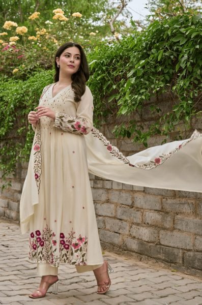 Futuristic Ivory Floral Embroidered Panelled Anarkali Suit with Chanderi Silk Dupatta Anarkali Kurtis 