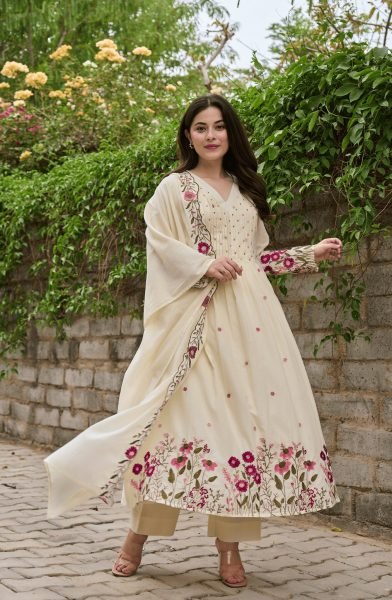 Futuristic Ivory Floral Embroidered Panelled Anarkali Suit with Chanderi Silk Dupatta Anarkali Kurtis 