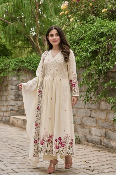 Futuristic Ivory Floral Embroidered Panelled Anarkali Suit with Chanderi Silk Dupatta Anarkali Kurtis 