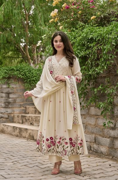 Futuristic Ivory Floral Embroidered Panelled Anarkali Suit with Chanderi Silk Dupatta Anarkali Kurtis 
