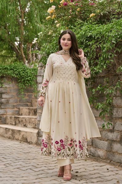 Futuristic Ivory Floral Embroidered Panelled Anarkali Suit with Chanderi Silk Dupatta Anarkali Kurtis 