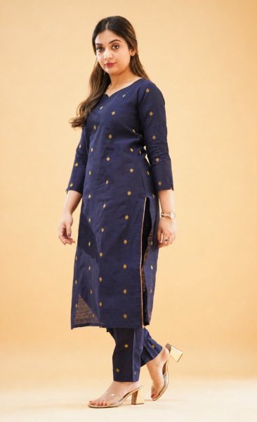 Futuristic Kanchi Cotton stylish Round V neck design Kurti Pant Set with Zari Work for Women  Straight Cut Long Kurtis